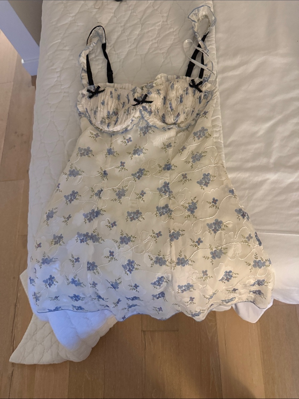 For Love & Lemons Cream Chemise with Light Blue Floral Embroidery
